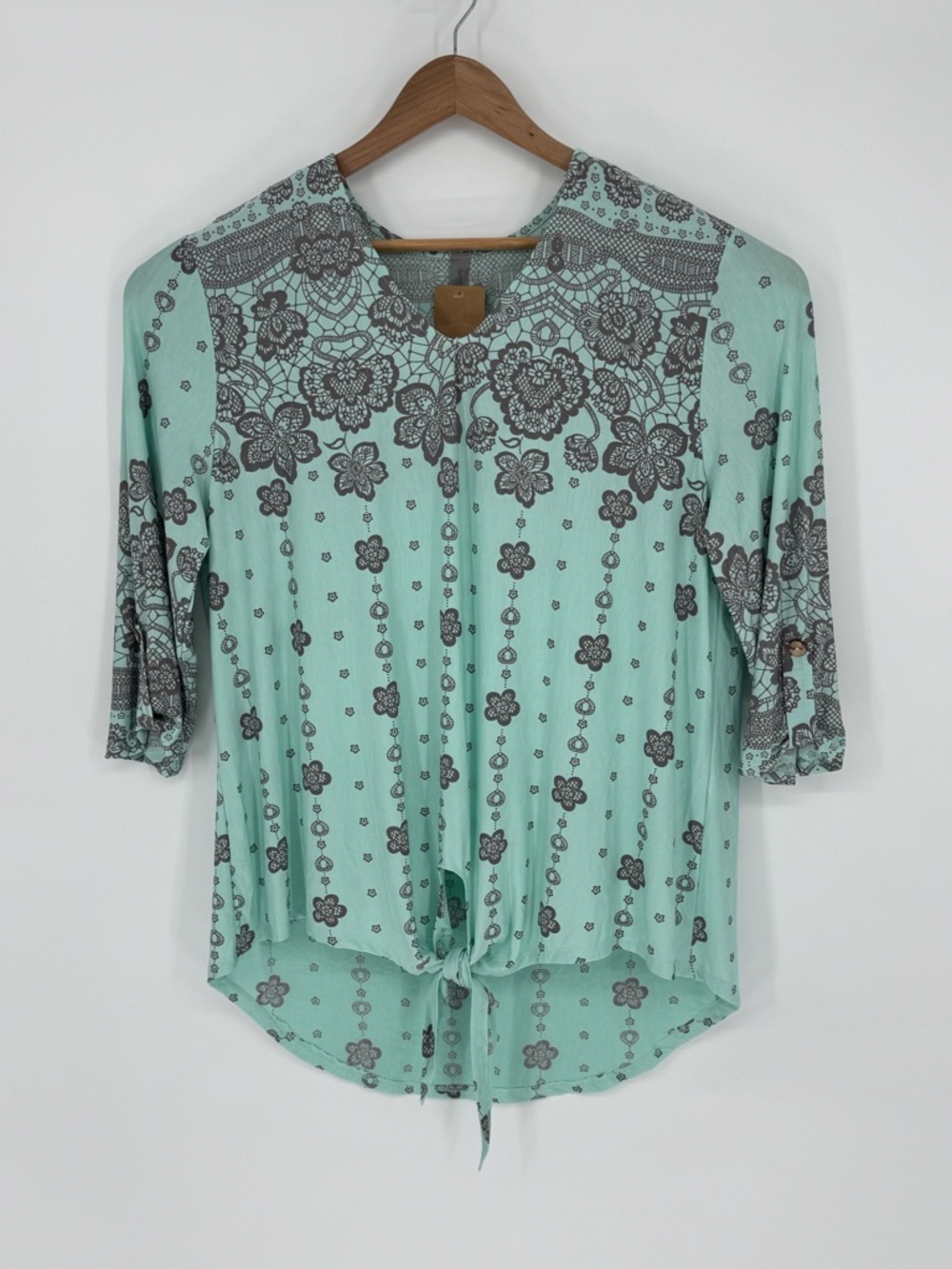 Honeyme Curvy Women’s Size XL Blouse Stretch Tunic V-Neck Front Tie Green B6